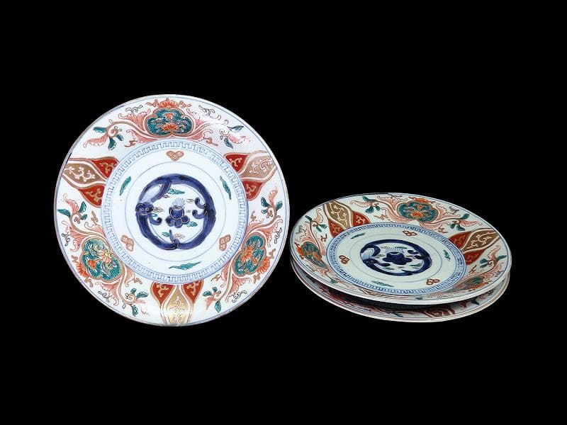 古伊万里 色絵 団龍紋に宝珠 花の図 7寸皿 3枚