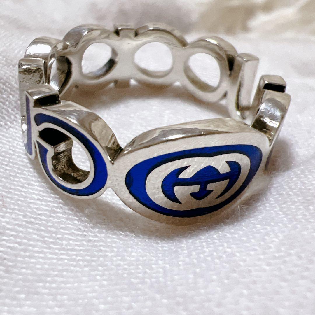 《極美品》グッチ インターロッキングG エナメルリング 青 シルバー ロゴ