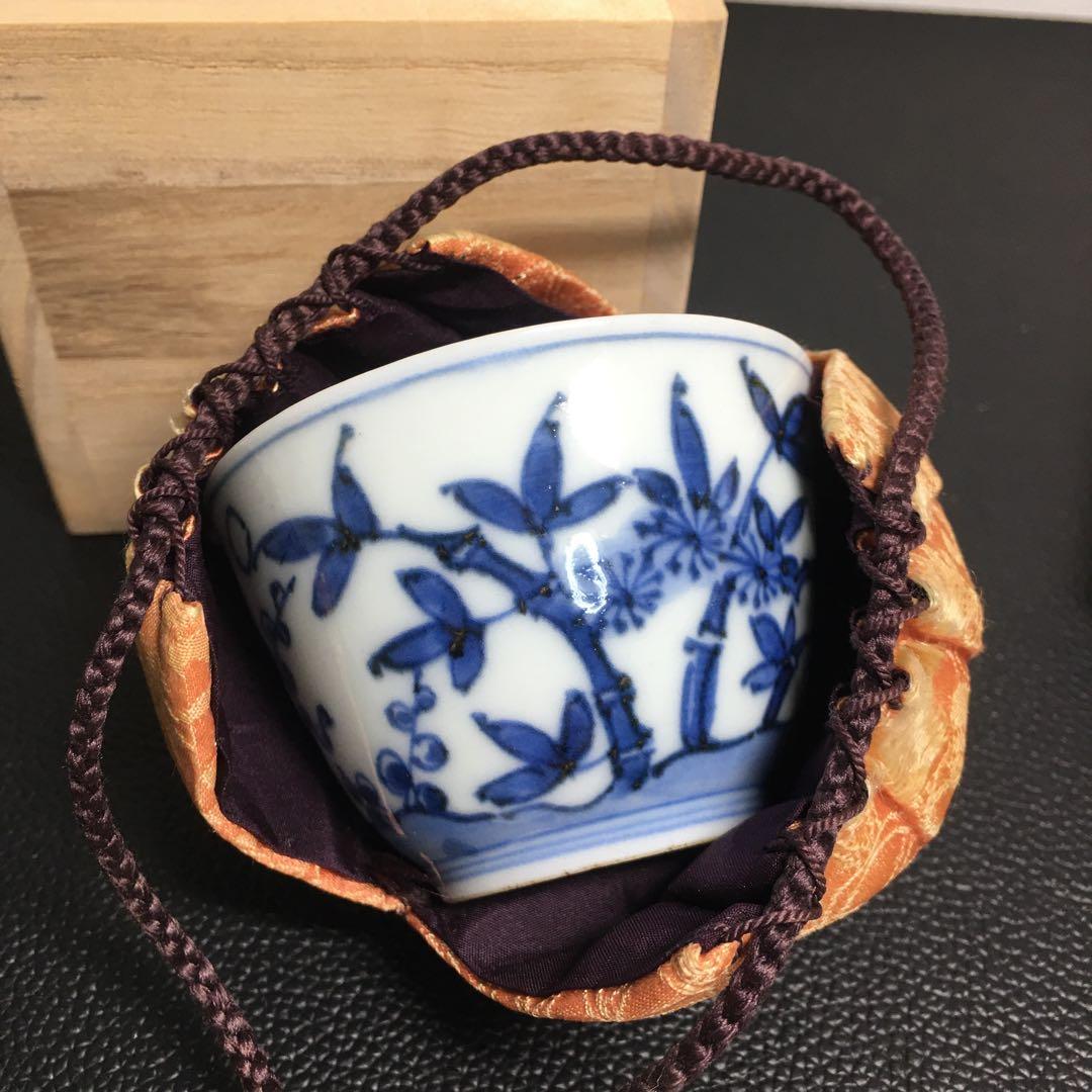 中国古玩　染付　煎茶碗　共箱，仕覆付け　南京玩品 唐物 時代物