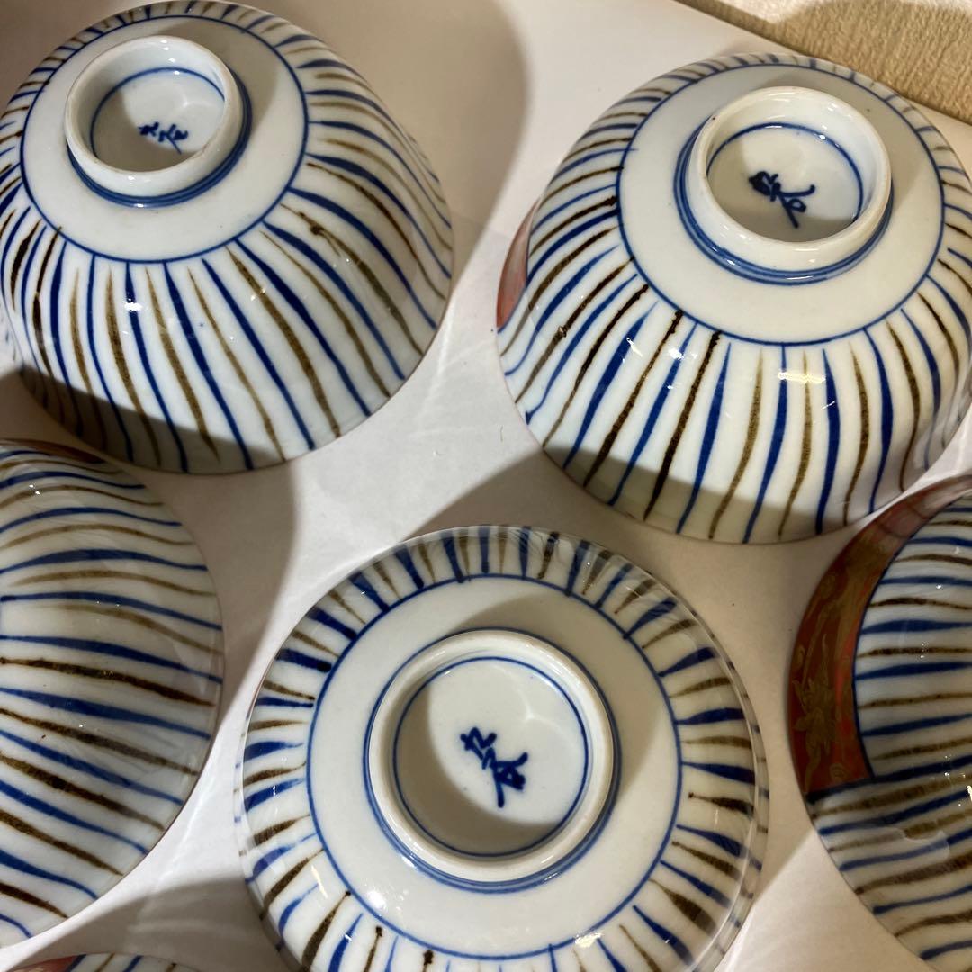 九谷焼骨董蓋付き茶碗７客「赤地金彩麦わら手」