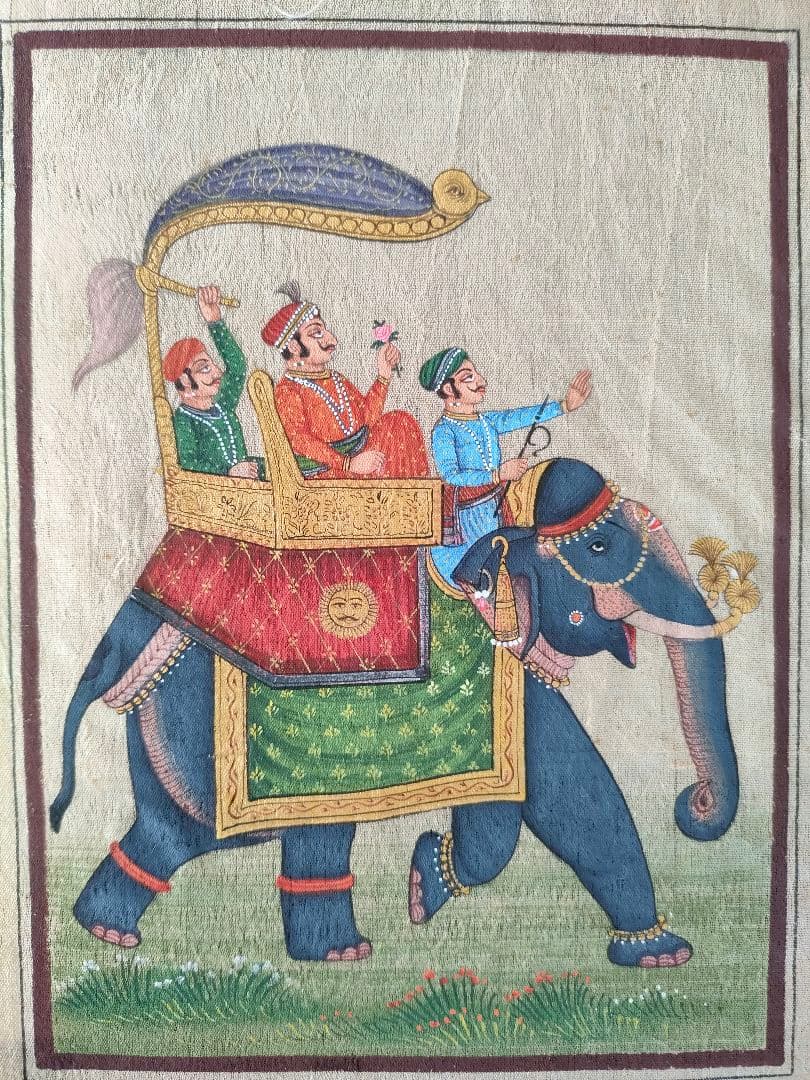 ●希少インド細密画 手描き 絵画 象と王族 （マハラジャ）