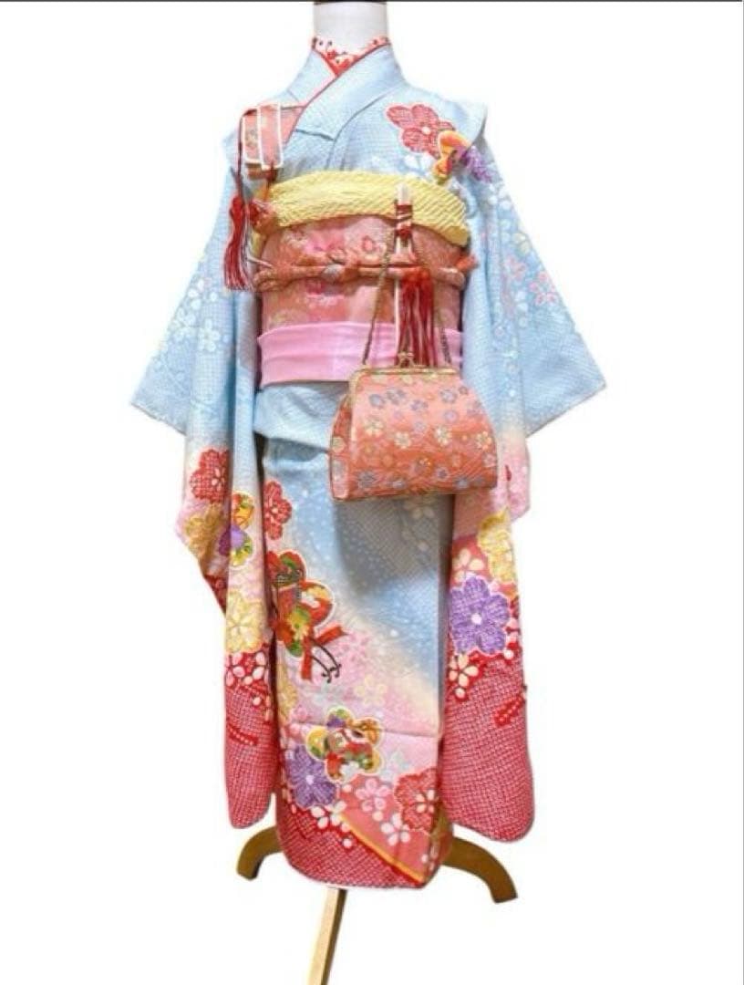 正絹　七五三　7歳　水色　ピンク　女の子　フルセット　一式