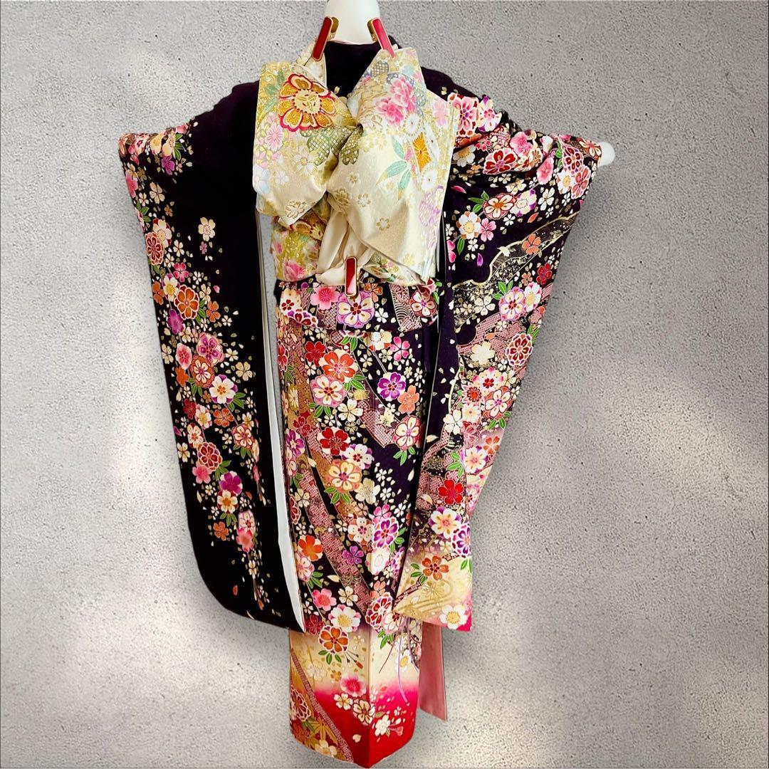 振袖 紫系 濃い紫 桜 鞠 熨斗柄 銀通し 正絹