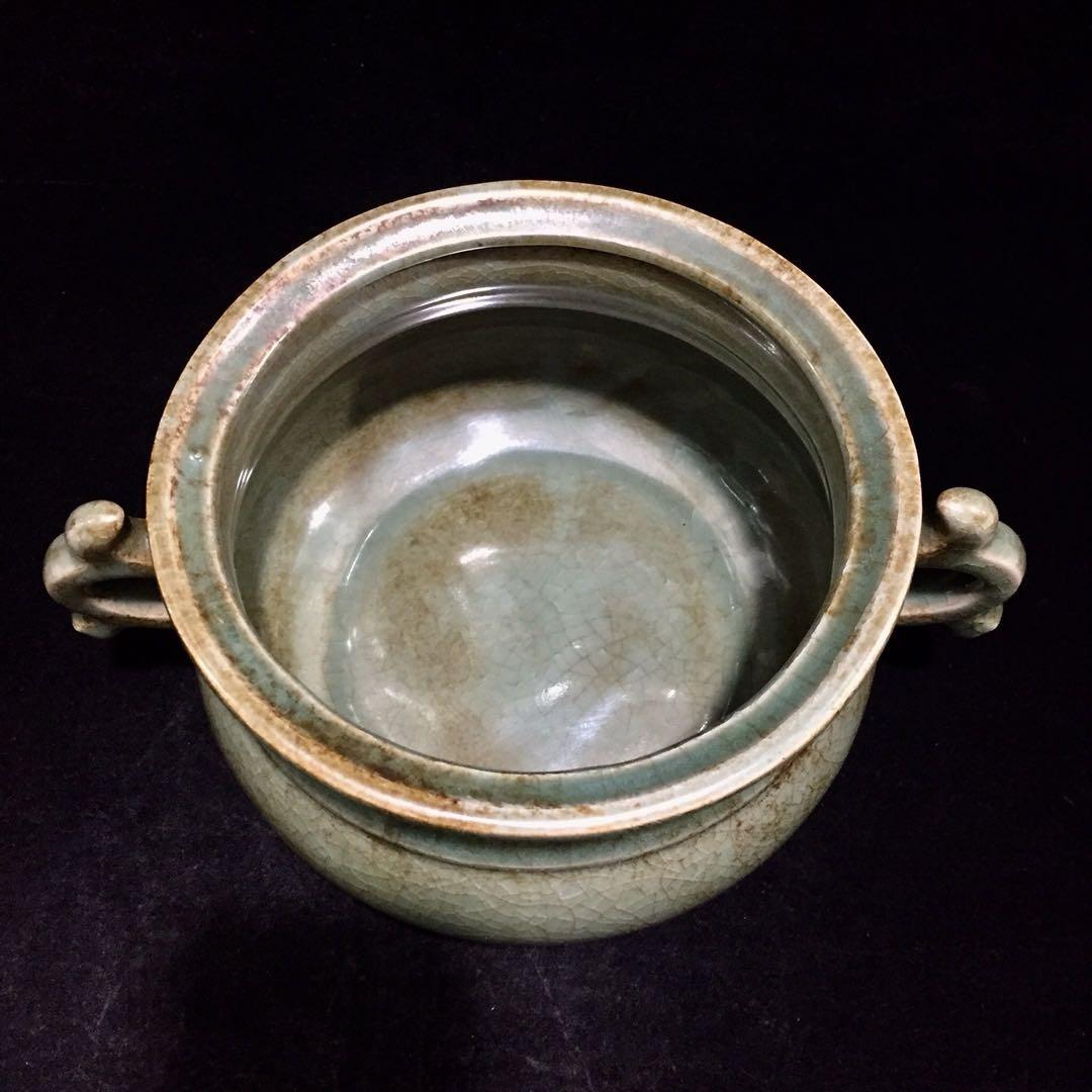文房具 雙耳香爐 宋時代 汝窯 陶器 冰裂纹 貫入