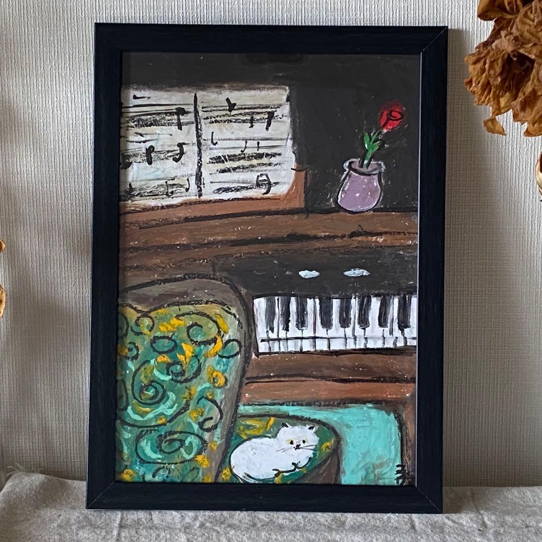 絵画。壁掛け原画【素敵なピアノ曲と椅子の上で寝たい猫】