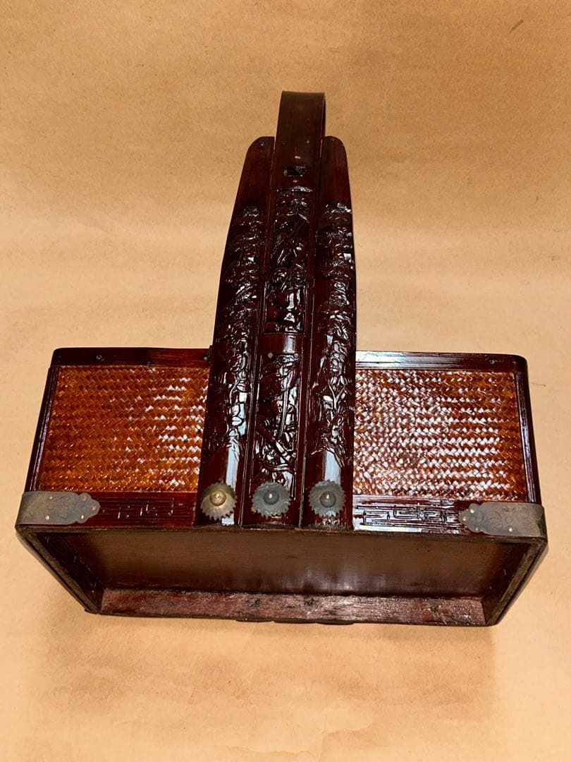 煎茶道具】提籃籠 人物彫 提手 竹編 古美術 骨董