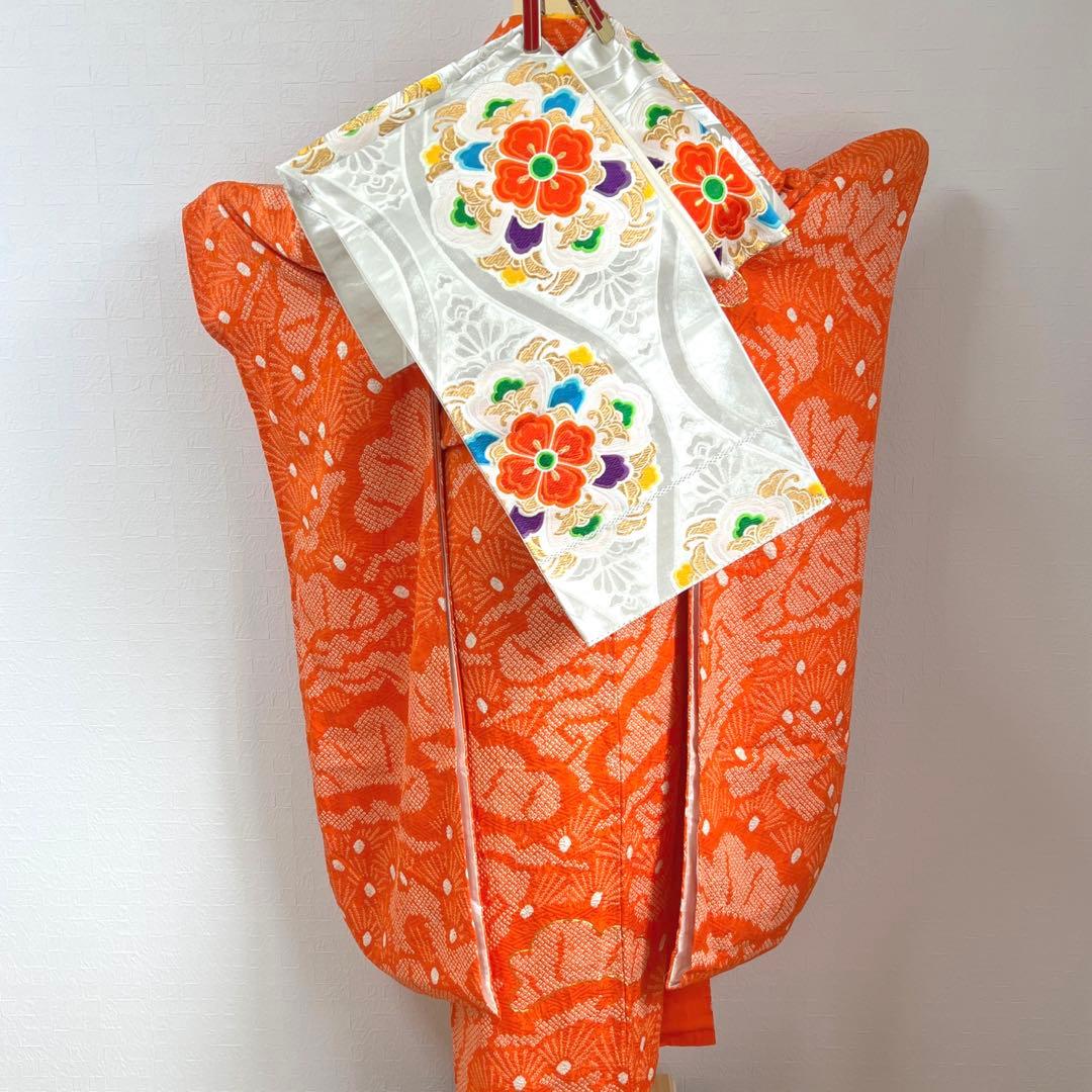 454 振袖フルセット 正絹 オレンジ 橙 総絞り 駒刺繍 レトロ