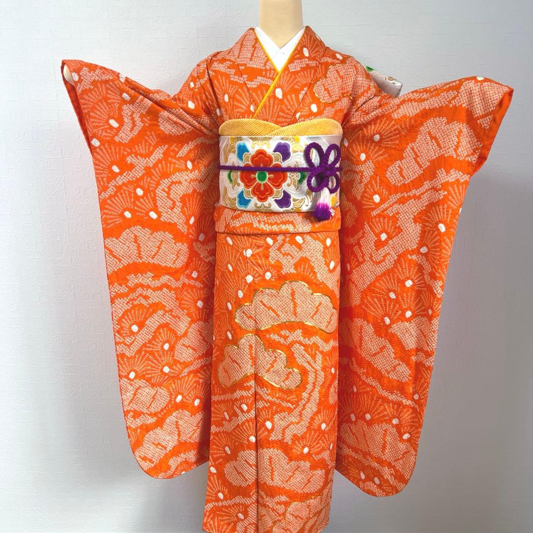 454 振袖フルセット 正絹 オレンジ 橙 総絞り 駒刺繍 レトロ