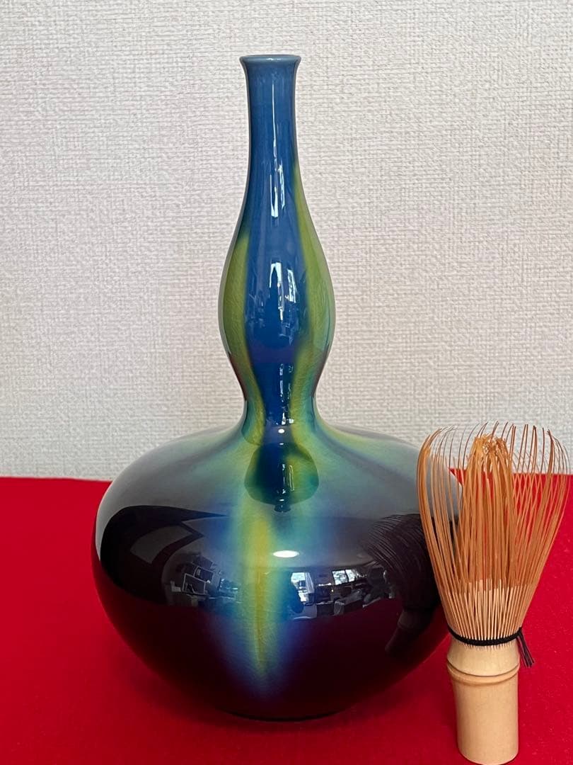 三代 人間国宝 徳田八十吉（正彦銘）碧明釉 瓢型 花生 約