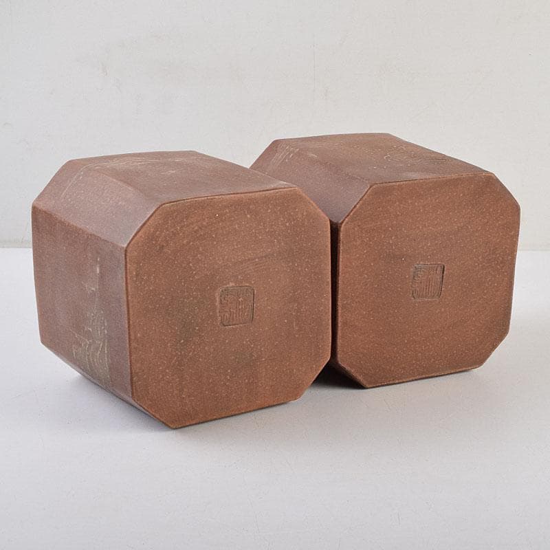 中国 紫砂 朱泥 山水漢詩文 一対 茶入 茶壷 在銘 V R9473