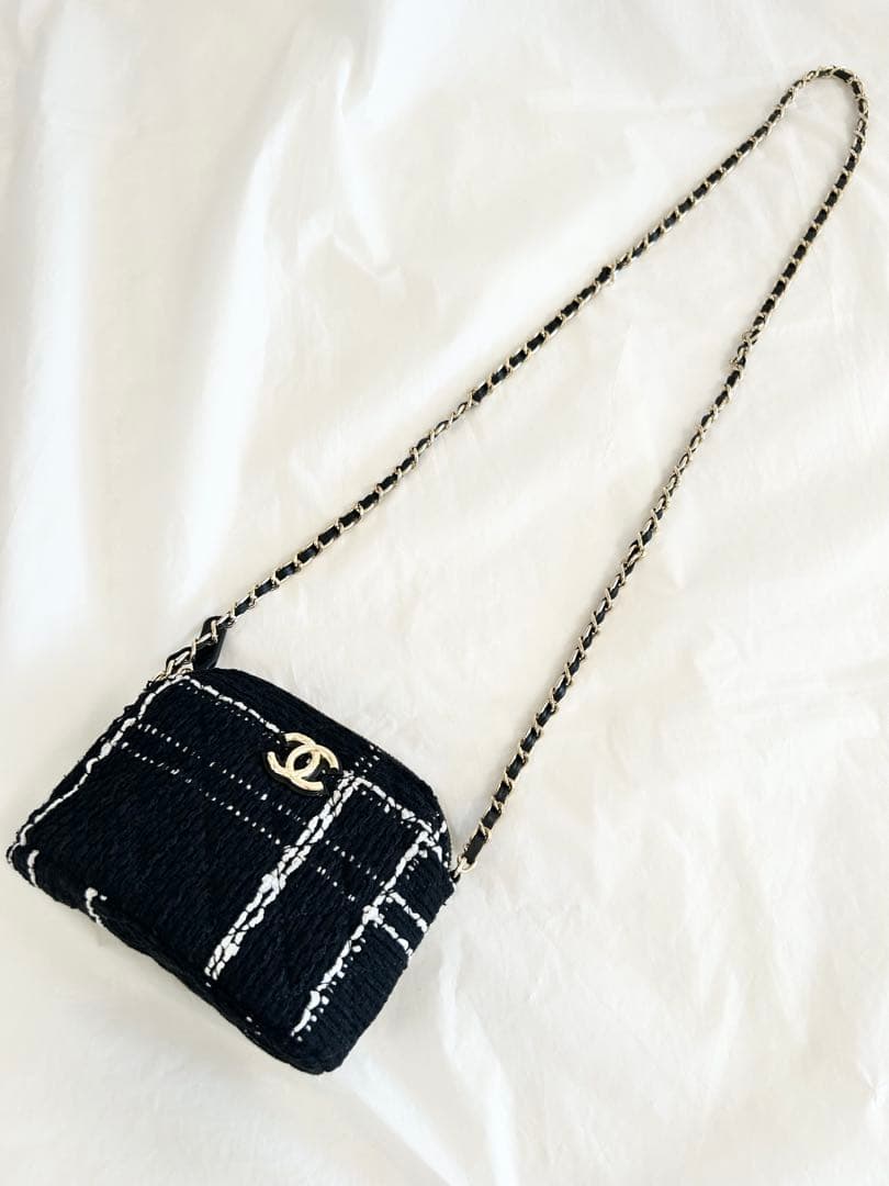 CHANELシャネル ノベルティ チェーン ショルダーバッグ ツイード ブラック