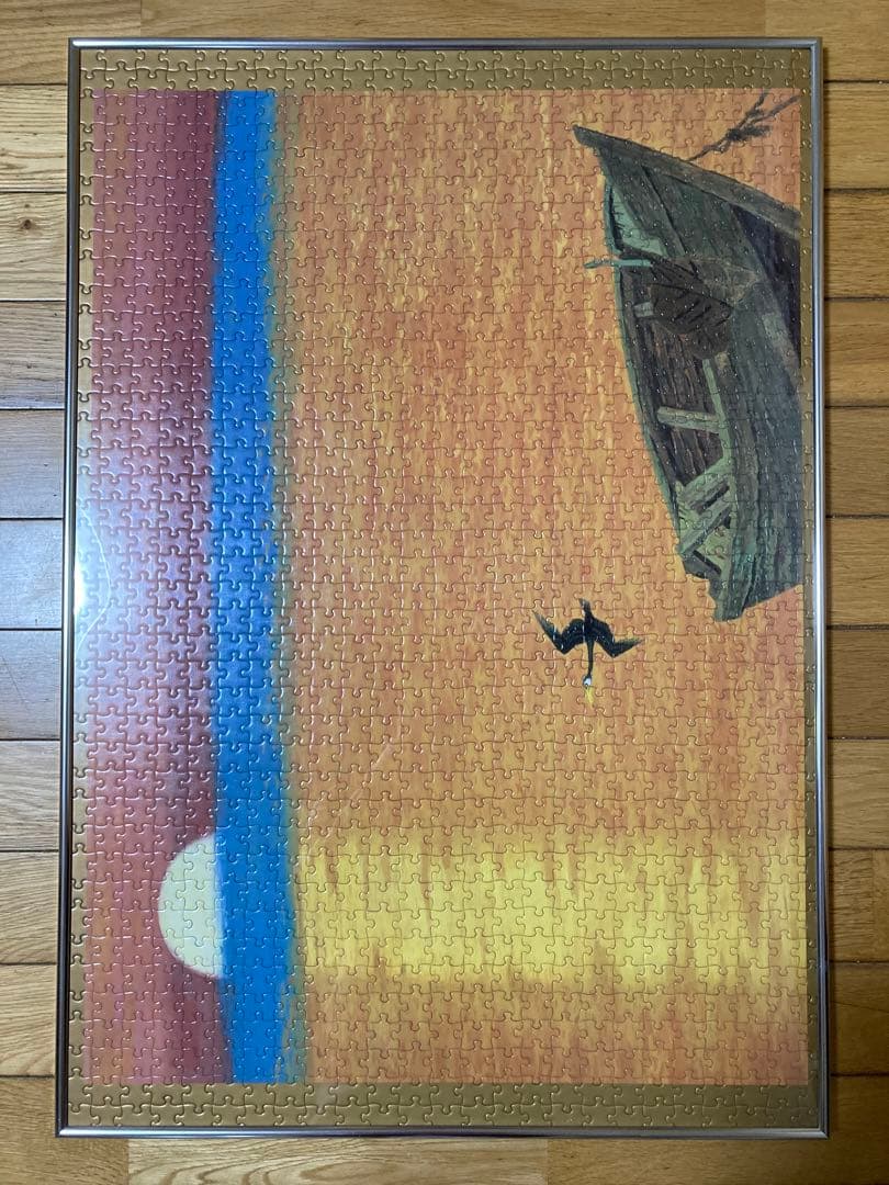 千P⑫夕日にボートと鳥 ジグソーパズル 金属額 長良川の鵜飼？夕暮れに