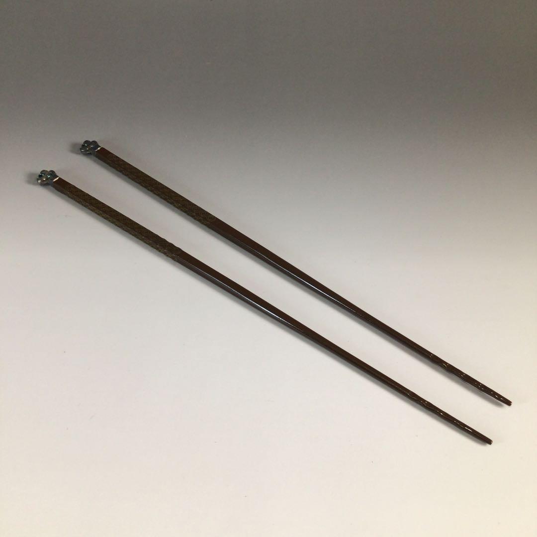 茶道具梅龍軒作銅製鳥頭角透かし象嵌火箸共箱C6641