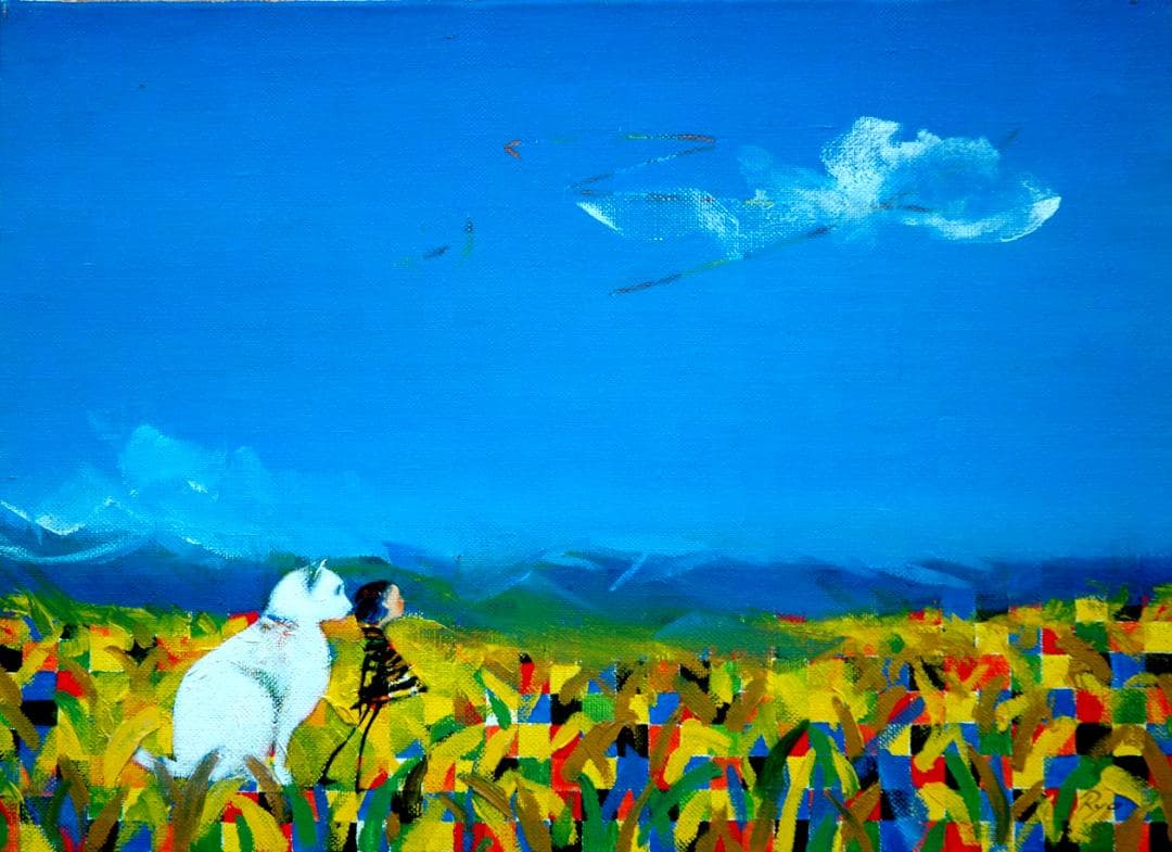 油絵 菅家令子 絵 絵画 インテリア F4-072119 子犬(子猫)と女の子