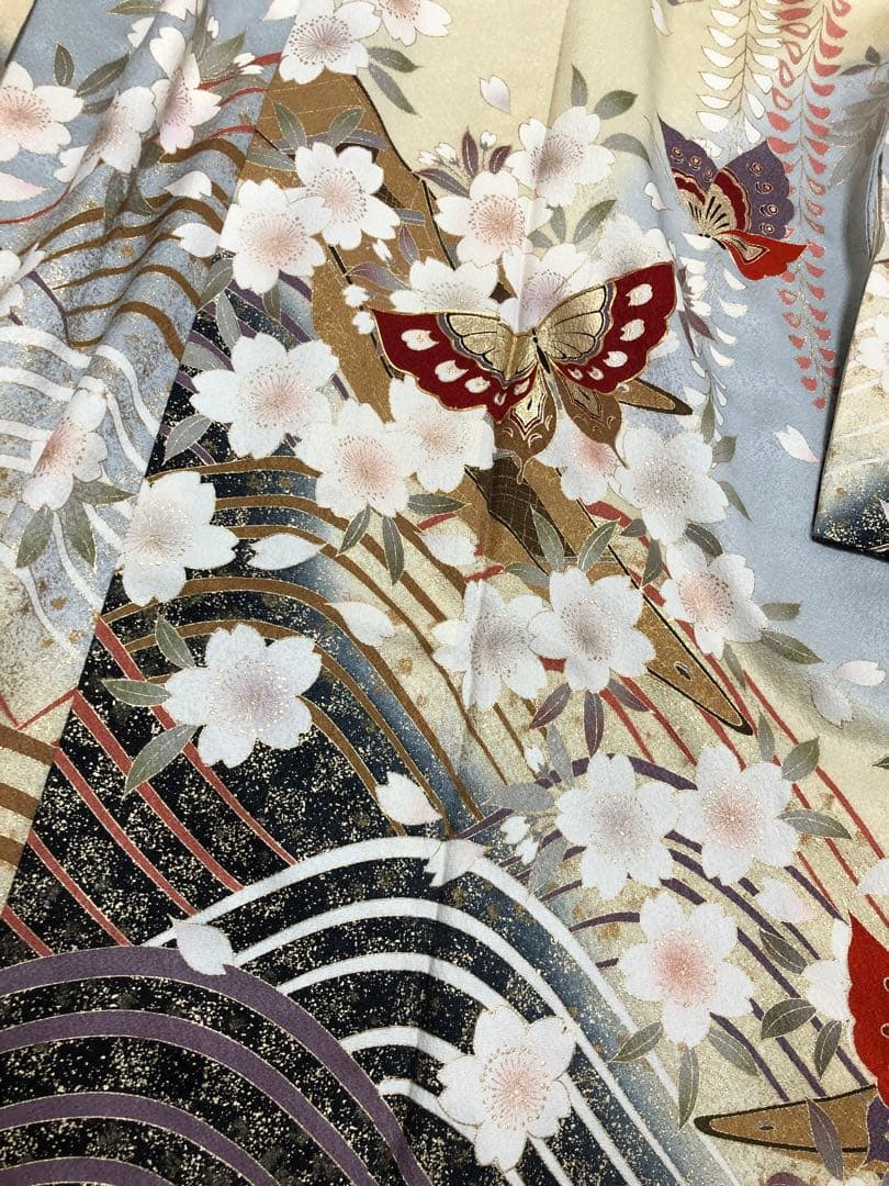 振袖 着物 帯 セット 成人式 水色 蝶 桜 ブルー系 前撮り