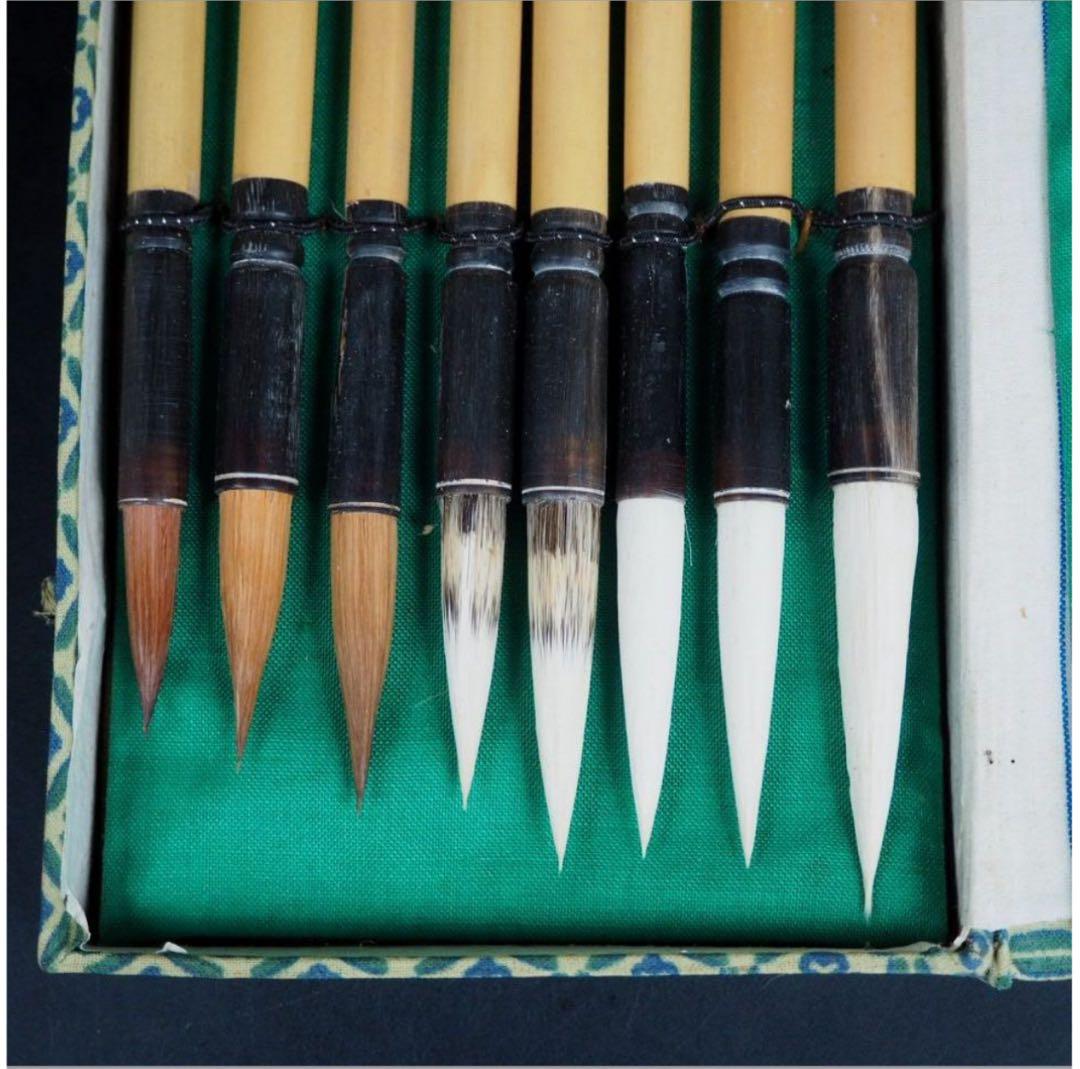 送料無料 八仙図漢詩彫 金鶏牌高級筆8本 文港筆荘