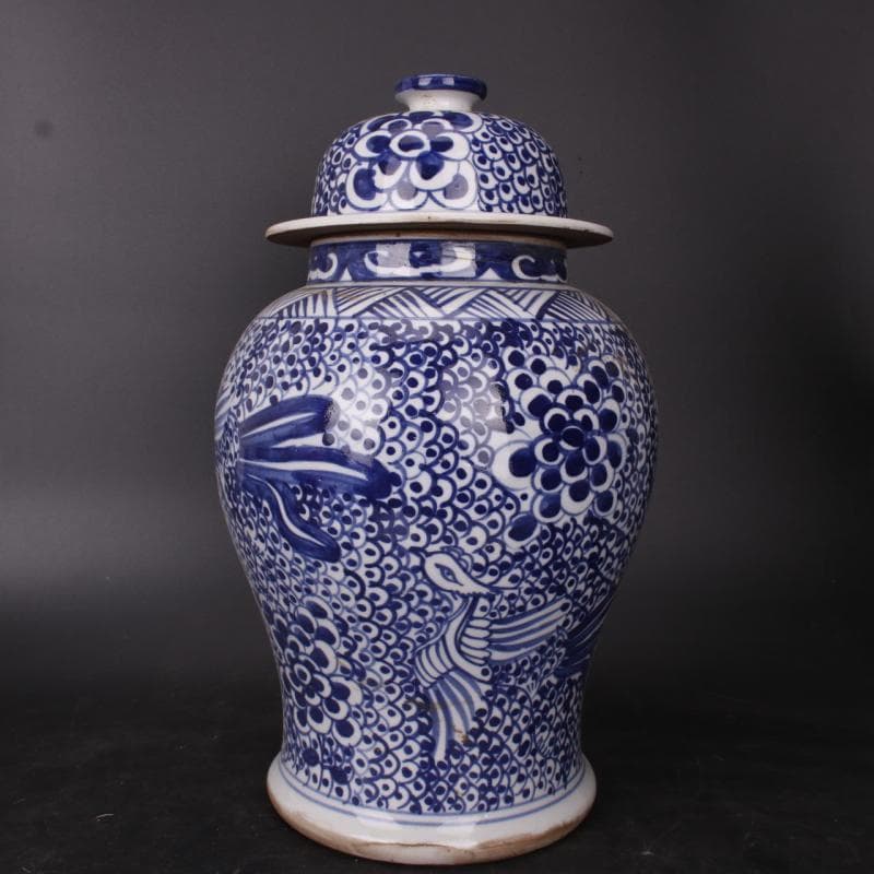 青花鳳凰缠枝文将軍罐 景徳鎮美術陶器