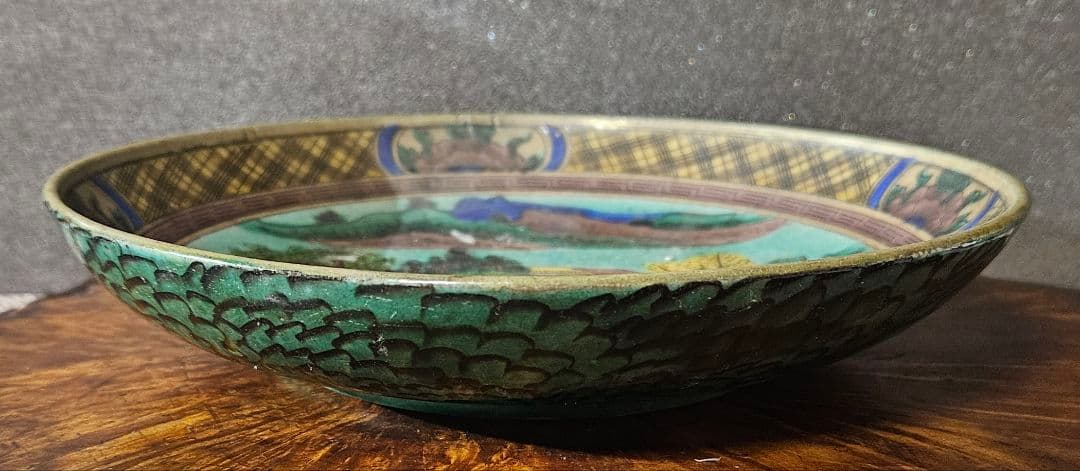 【本物保証❗】江戸時代後期　古九谷　再興九谷　青手九谷　山水図　21.2cm深皿