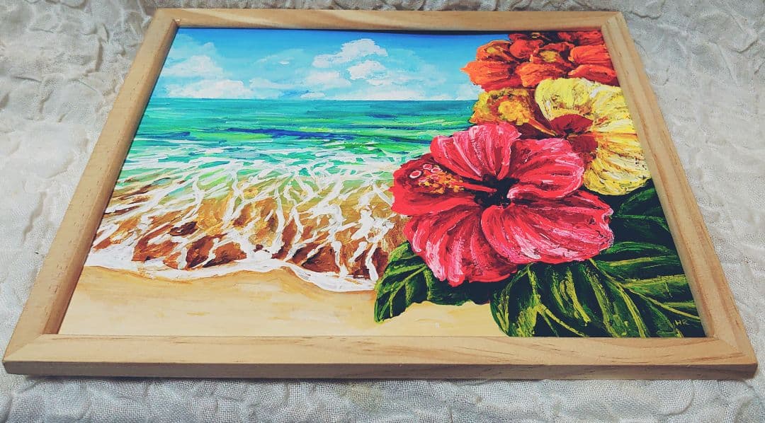 油絵 絵画【海とハイビスカス】
