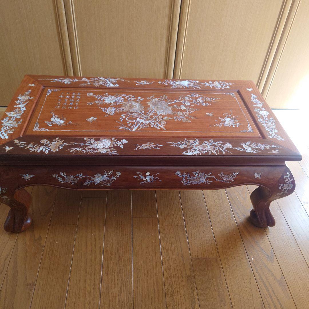 螺鈿細工 鶴 松 木製漆塗り 大型座卓 センターテーブル 貝殻細工 和風座