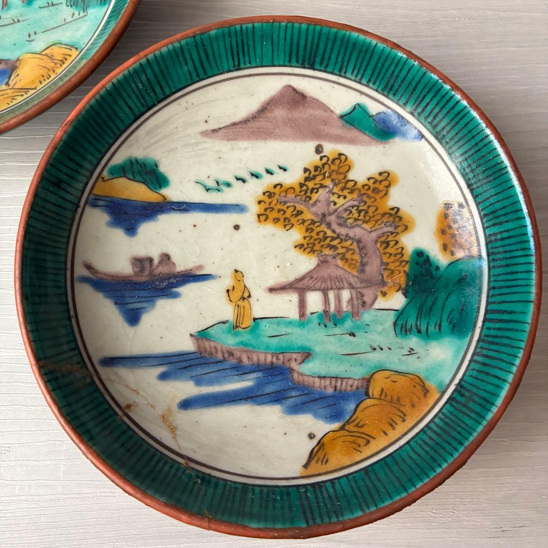 【1枚割れあり】九谷焼　吉田屋窯　小皿　角福　山水　青手　年代物　共箱　和食器