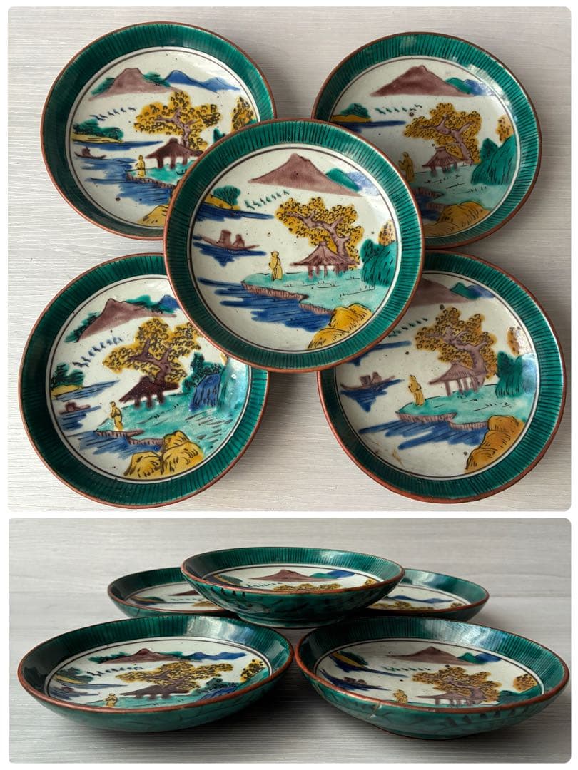 【1枚割れあり】九谷焼　吉田屋窯　小皿　角福　山水　青手　年代物　共箱　和食器