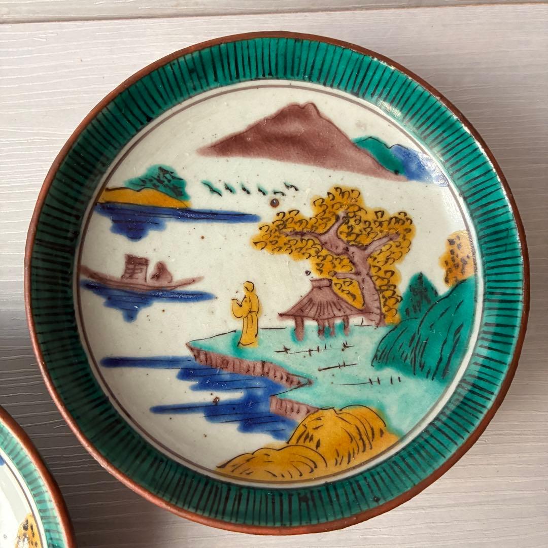【1枚割れあり】九谷焼　吉田屋窯　小皿　角福　山水　青手　年代物　共箱　和食器