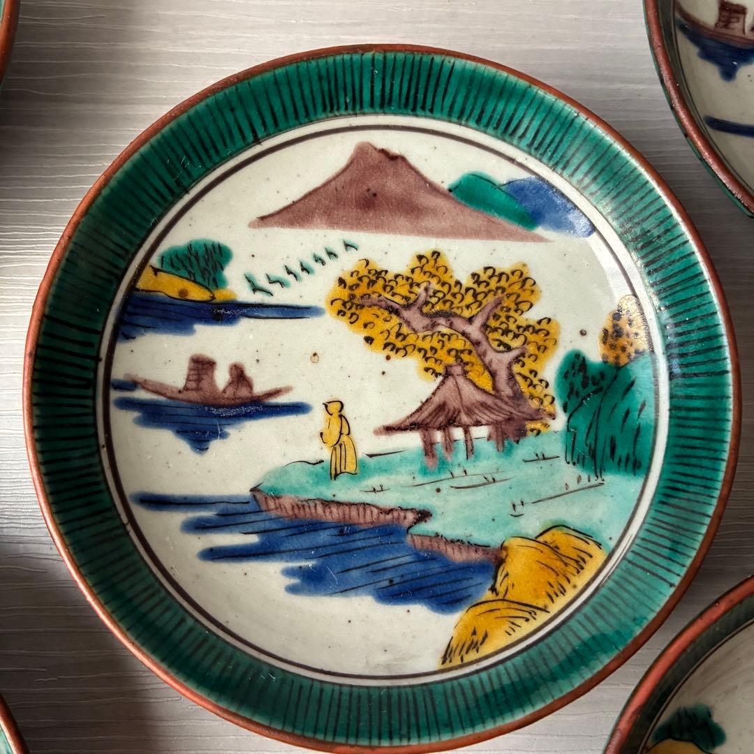 【1枚割れあり】九谷焼　吉田屋窯　小皿　角福　山水　青手　年代物　共箱　和食器