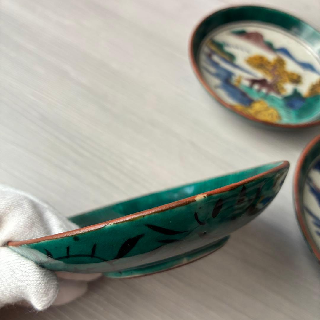 【1枚割れあり】九谷焼　吉田屋窯　小皿　角福　山水　青手　年代物　共箱　和食器