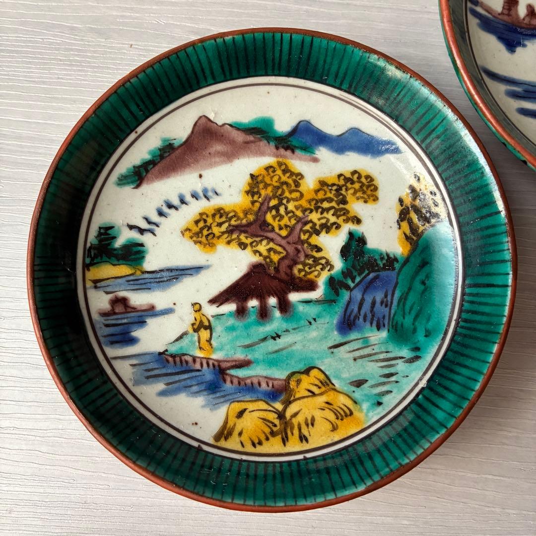 【1枚割れあり】九谷焼　吉田屋窯　小皿　角福　山水　青手　年代物　共箱　和食器