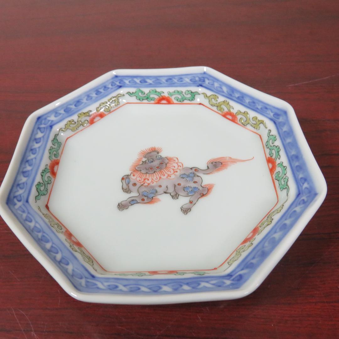 八角皿 伊万里 古代唐獅子 五寸皿 2枚 明治 大正 希少 美品 極上