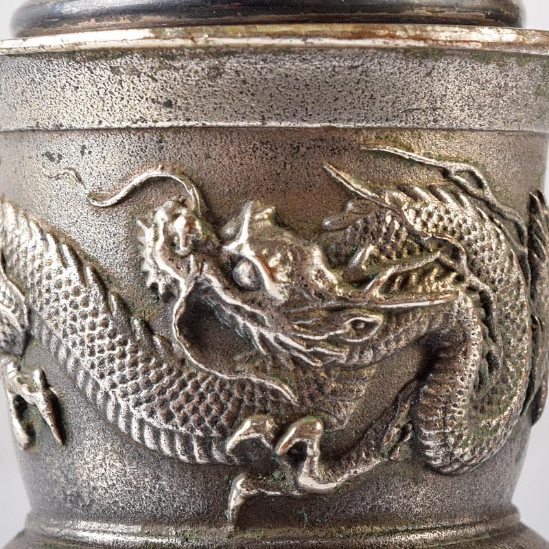 中国　白銅　龍神獣刻　純銀火屋約18g付　三つ足香炉　U　R8073