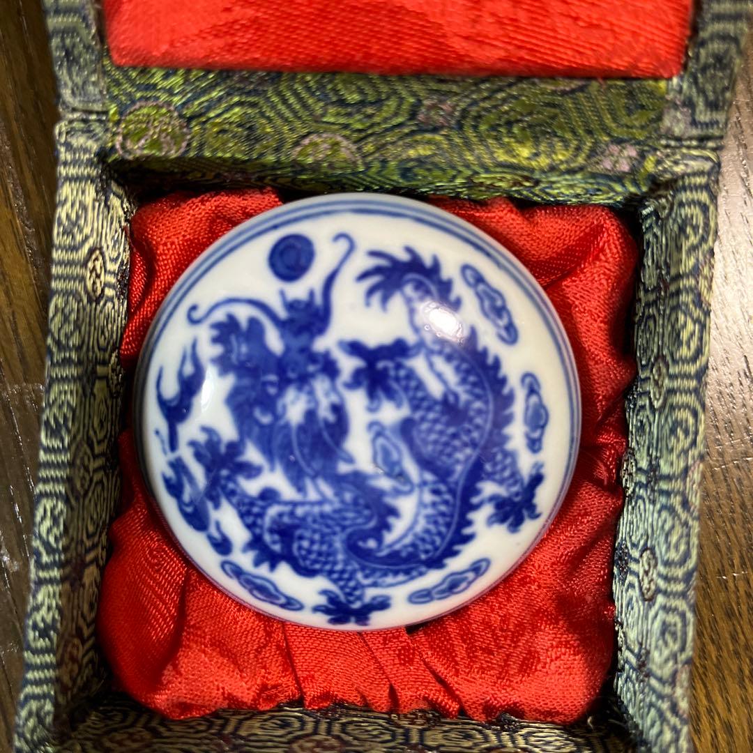 乾隆年製 中国朱肉 陶磁器 龍 印泥 書道 落款印鑑 朱肉入れ ケース