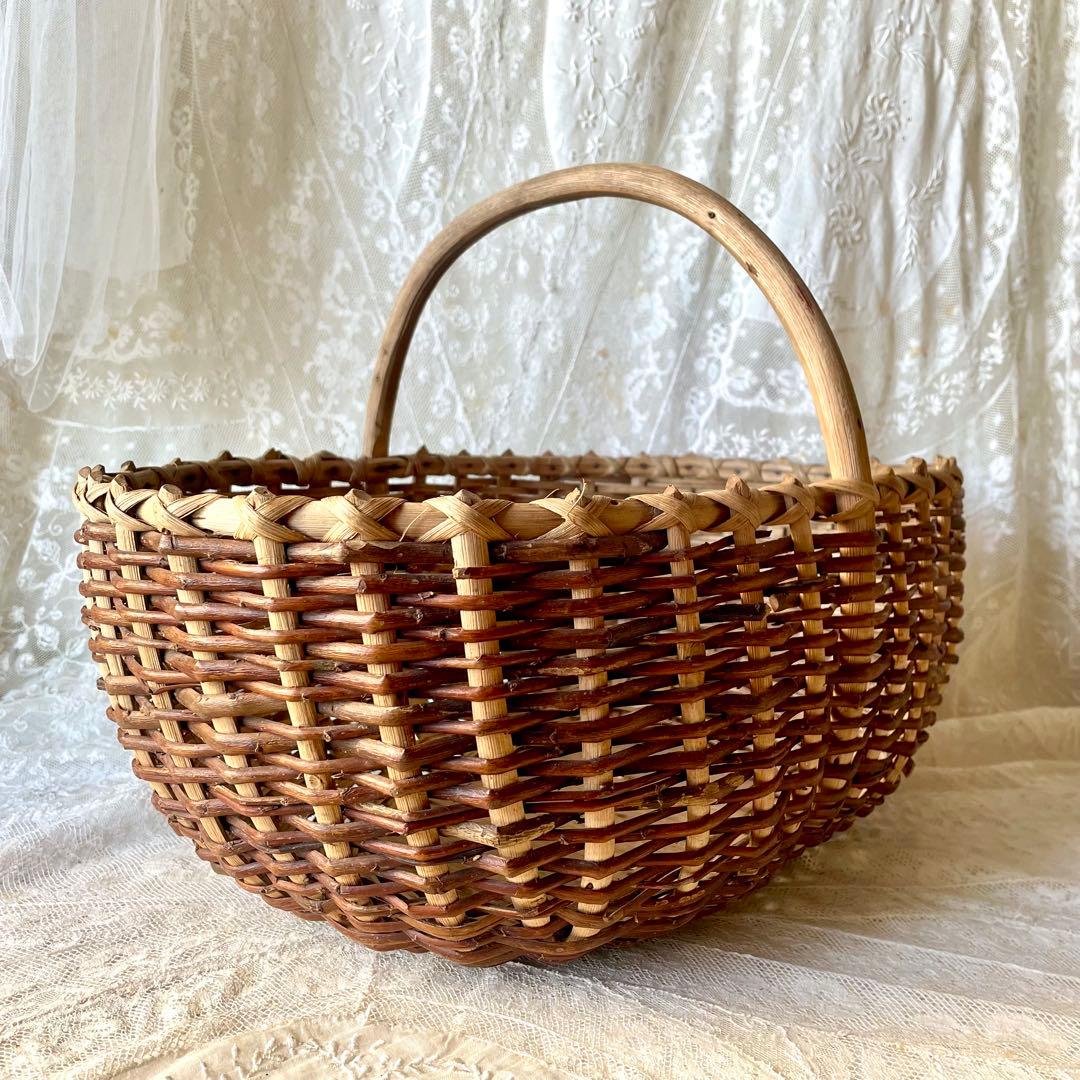 アンティークパニエ ハンドル付き籠 フランスアンティーク 工場 かご