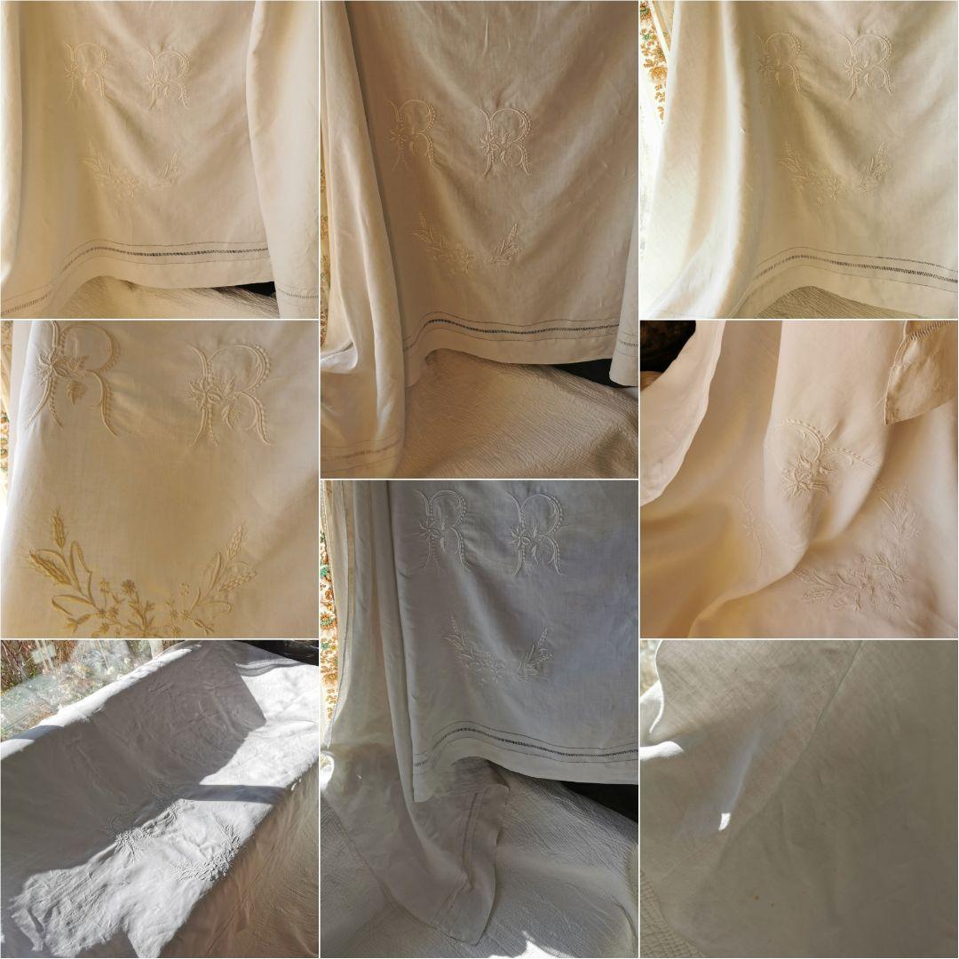 アンティークフランス 美しい花文字 イニシャル刺繍 ドローンワーク