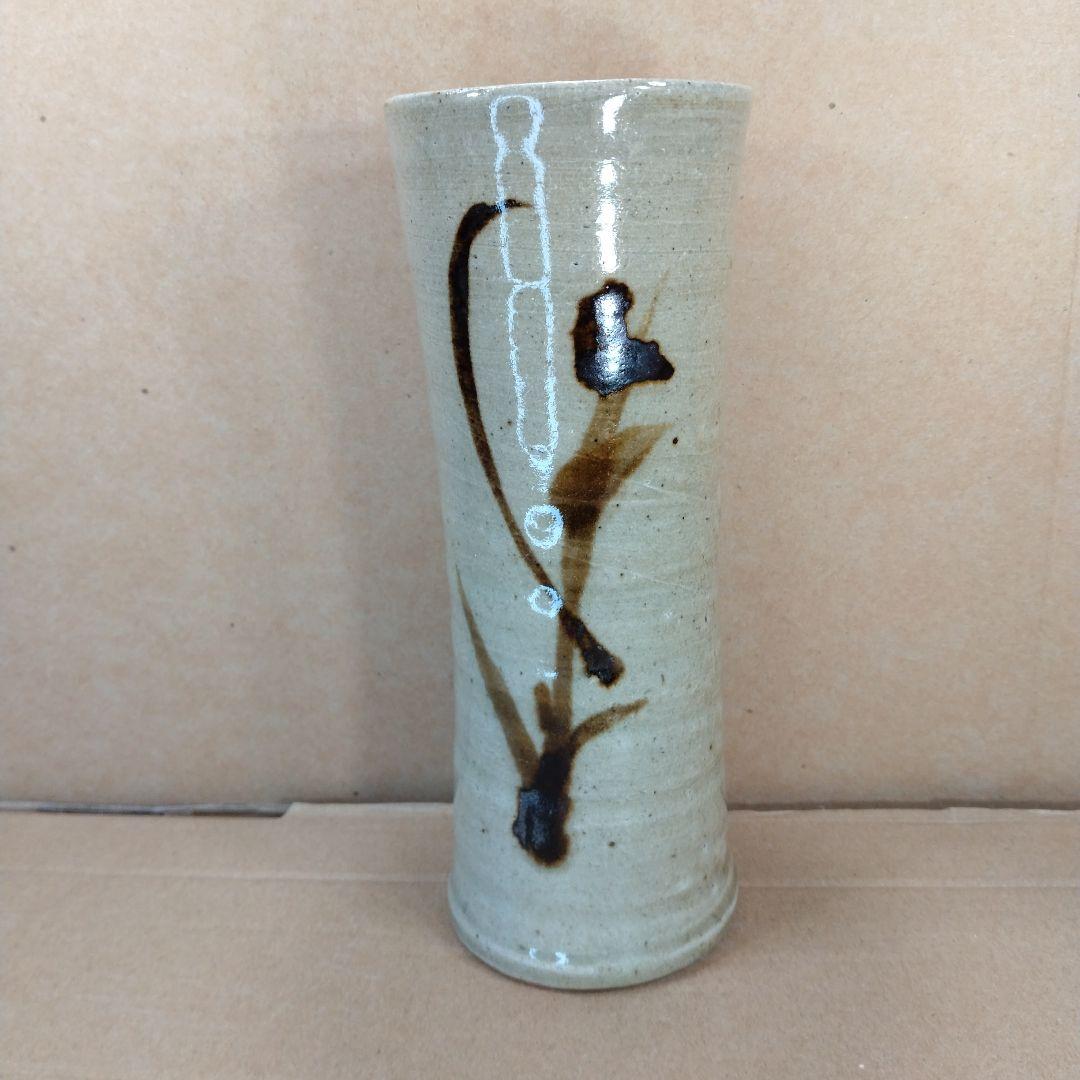 浜田庄司(濱田庄司) 鉄絵花筒(鐵絵花筒,益子焼花瓶)、共箱、美