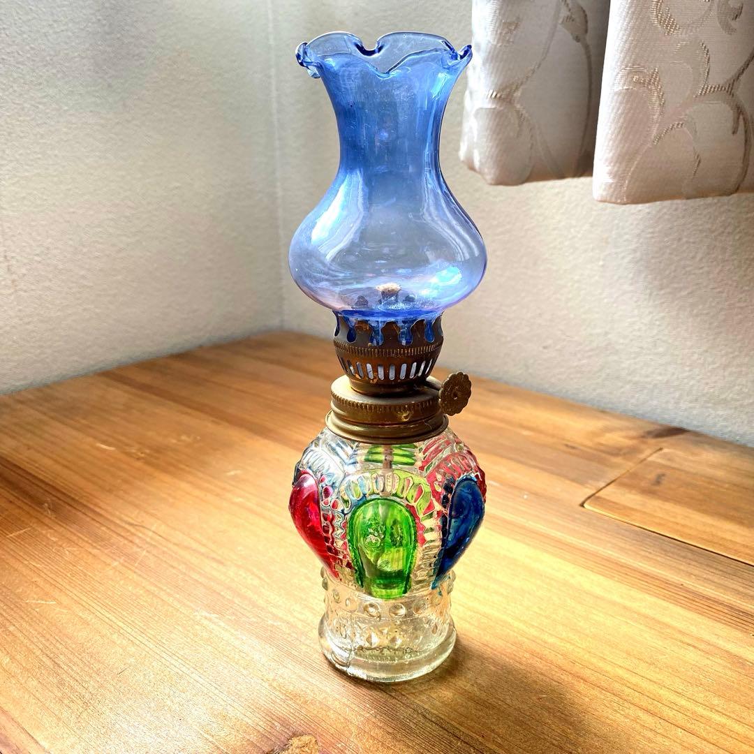 レア 青 オイルランプ ガラス エンボス ホヤ カラフル - メルカリ