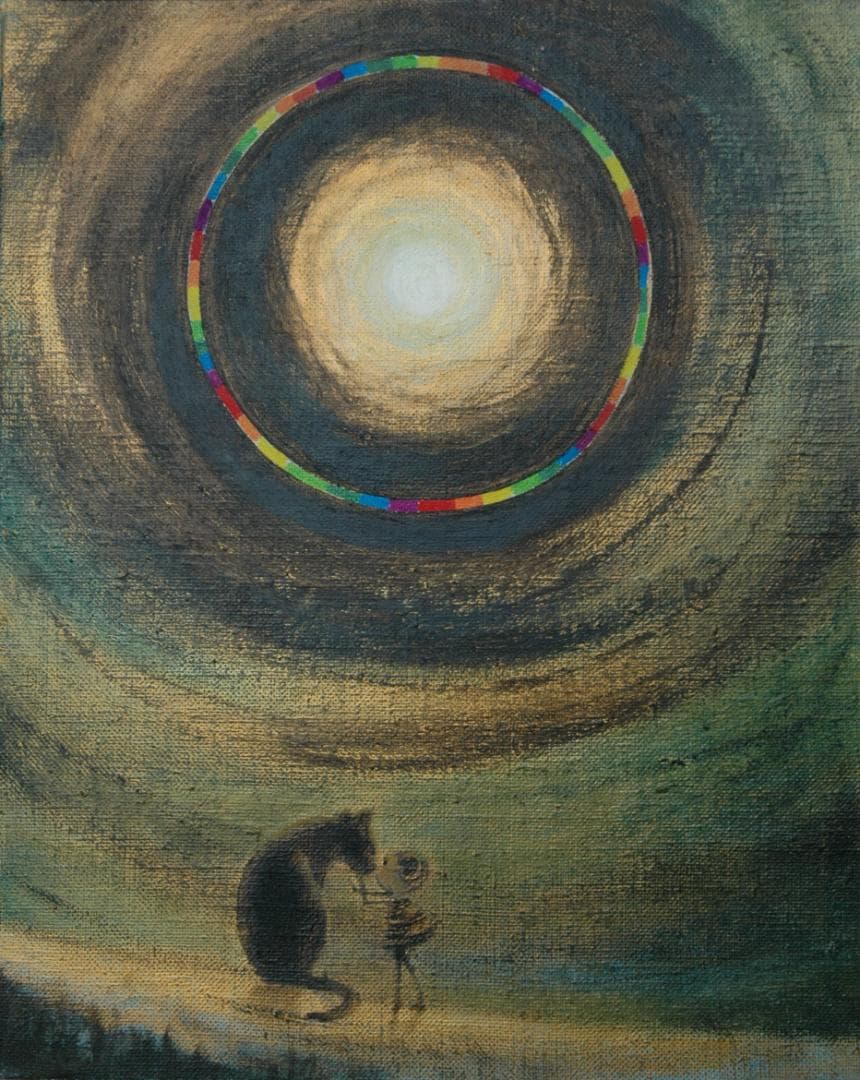 油絵 菅家令子絵 絵画インテリア額付(白) F3-051821 祈り犬猫 女の子