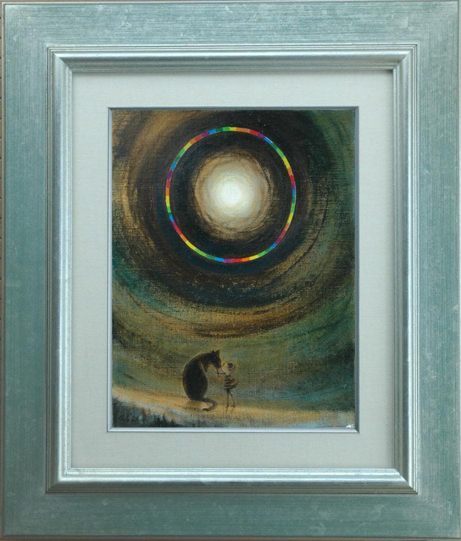 油絵 菅家令子絵 絵画インテリア額付(白) F3-051821 祈り犬猫 女の子