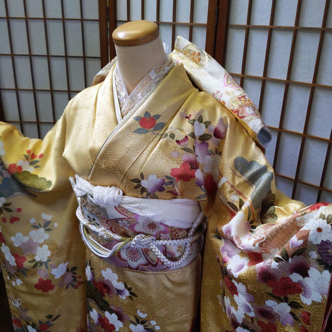434 山吹×黄 古典柄 桜 正絹 振袖6点フルセット 成人式卒業