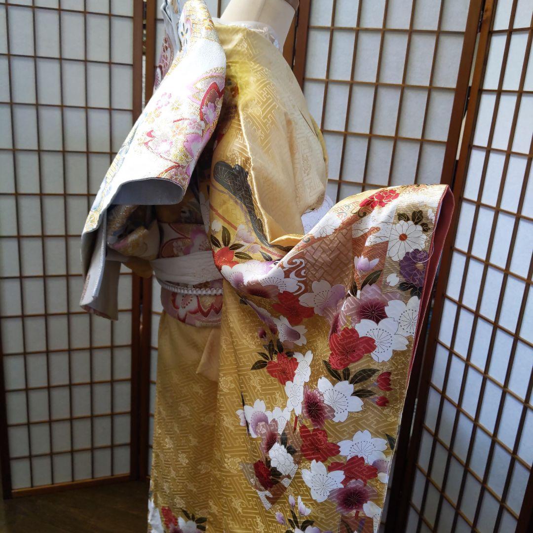434 山吹×黄 古典柄 桜 正絹 振袖6点フルセット 成人式卒業