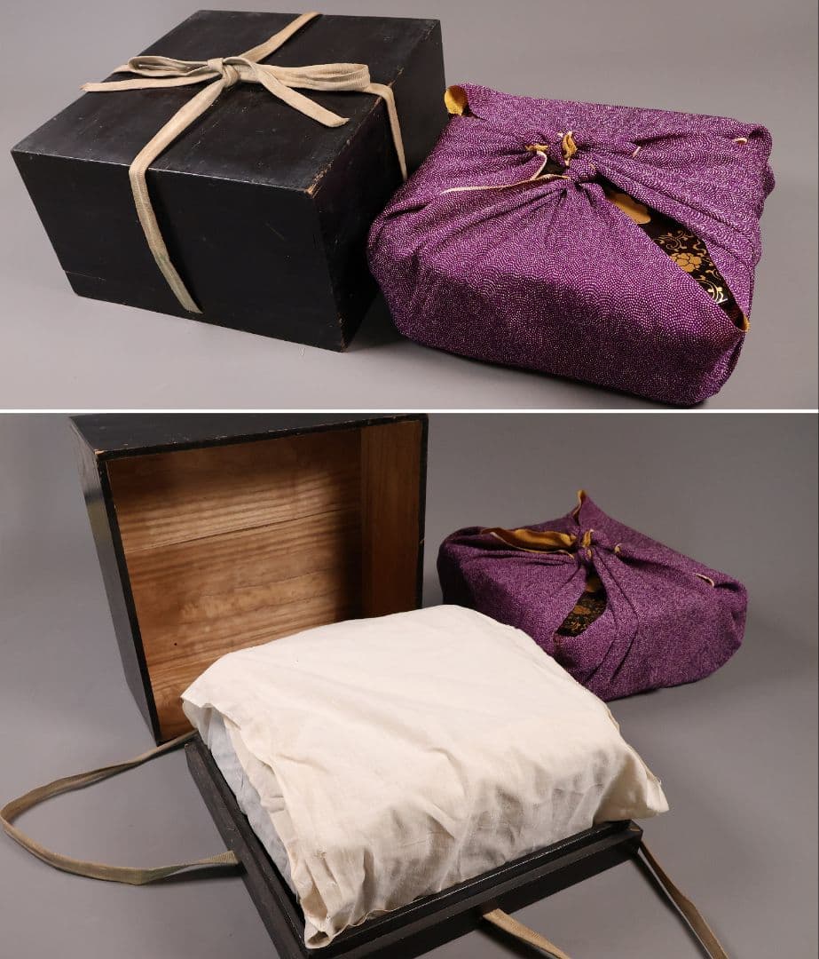 木製 漆塗 牡丹獅子 花唐草 金蒔絵 饅頭箱一対 菓子重 菓子箱【CM285】