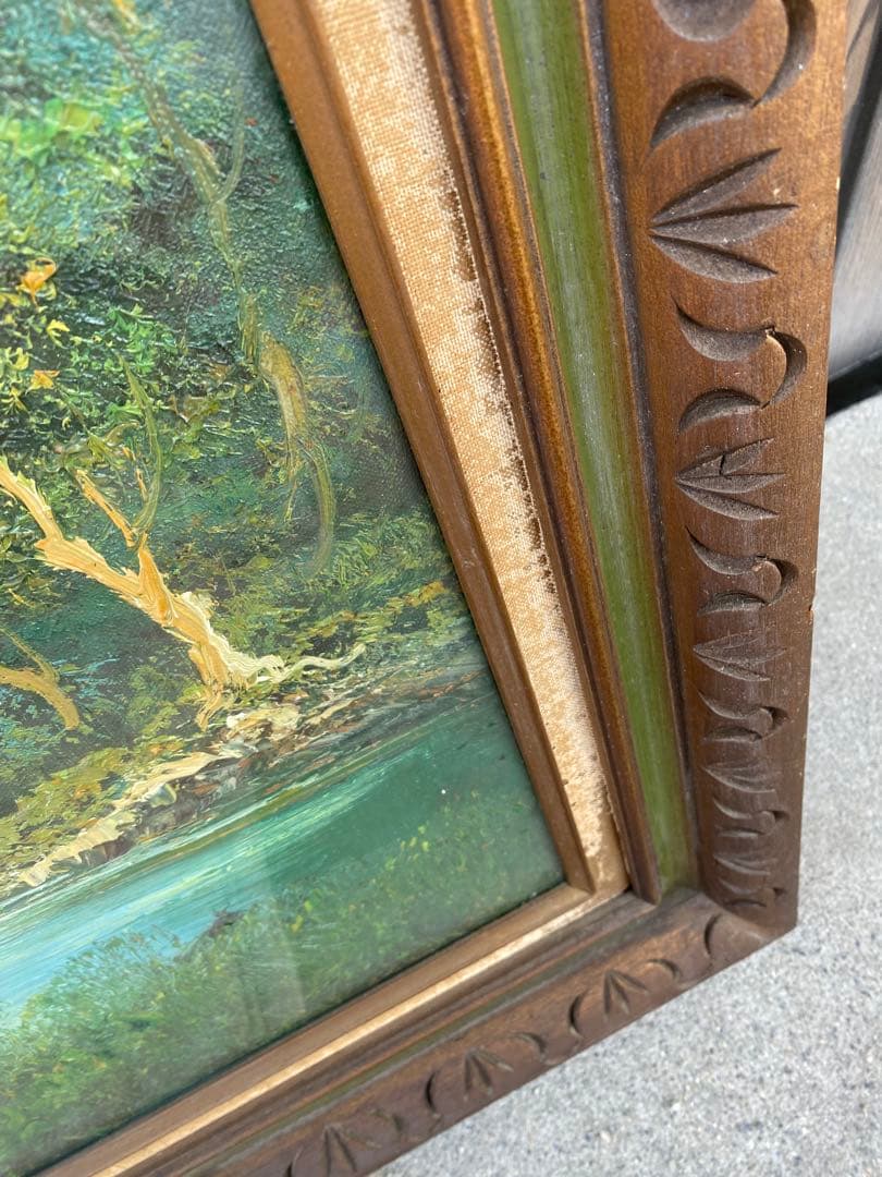 風景画　油彩　木製フレーム付　山水画　特大　大判　アンティーク　絵画