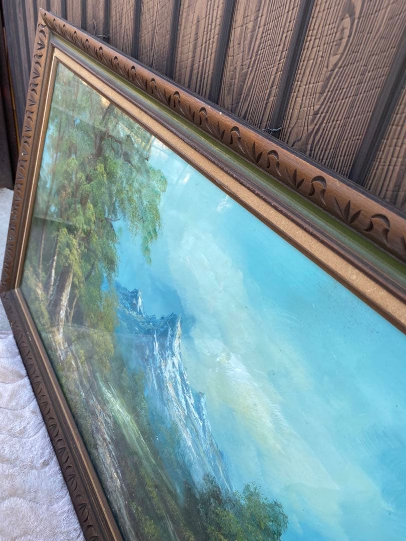 風景画　油彩　木製フレーム付　山水画　特大　大判　アンティーク　絵画