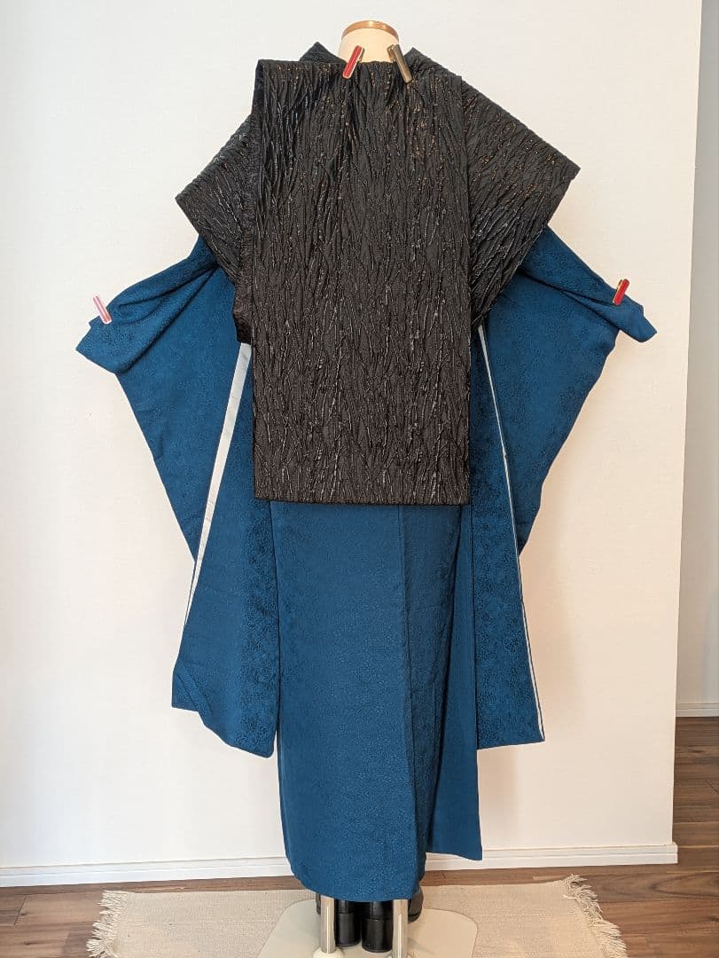 振袖フルセット 身丈152裄64 色無地振袖 青藍色 地紋 やまと誂え 成人