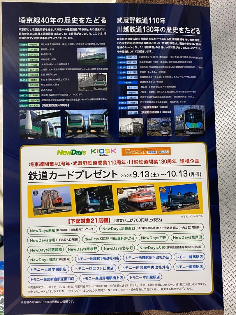 JR東日本×西武鉄道 鉄道カード フォルダー 埼京線開業40周年 カード13枚