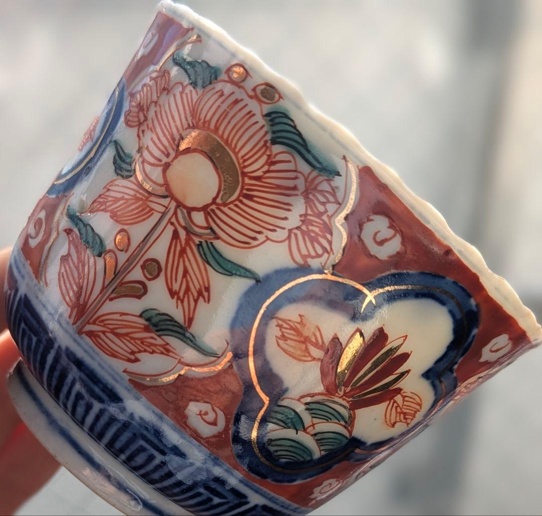 骨董✧明治20年頃の向付2個 華やかな花柄 赤絵色絵 金蘭手 印判染付