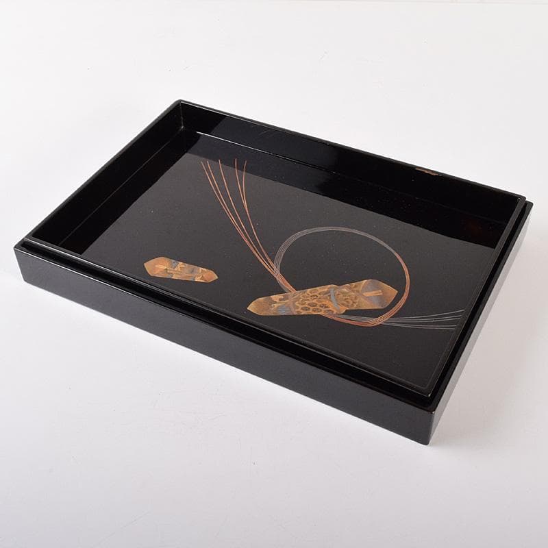 時代漆塗　黒漆　金蒔絵　盆一対　時代箱付　C　R7778