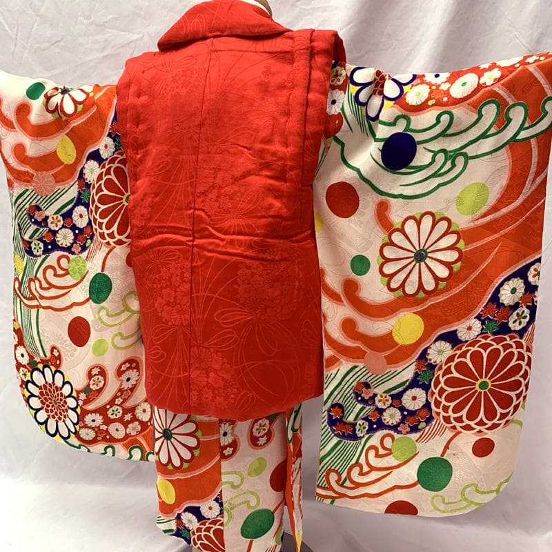 510ag45□七五三 三歳 セミアンティーク 女児 着物&被布 菊 水玉□良好