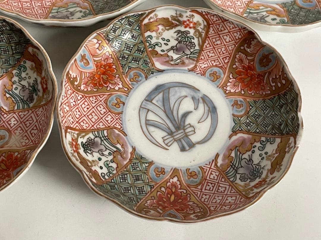 骨董　アンティーク　金襴手　輪花縁　小皿　稲穂文様　5枚